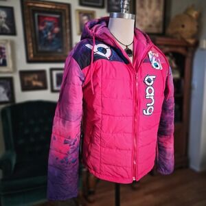 Bang Energy Hooded Puffer Jacket Pink Purple Galaxy Tie Dye Zip Up NWT